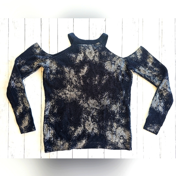 Love More Black & Metallic Silver Distressed Grunge Cold Shoulder Sweater Size L - Picture 3 of 11